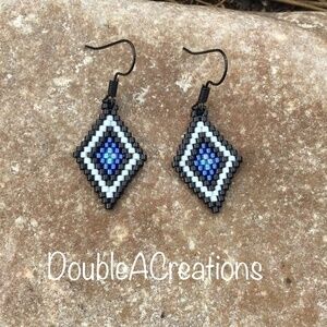 Blue Diamond Beaded Earrings, Handmade